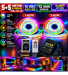 10M 12V 12mm 432 Ledli İç Mekan Pixel Cob Led 8A Laptop Adaptör IC2811 Çift Çıkış Pixel Kumanda Set
