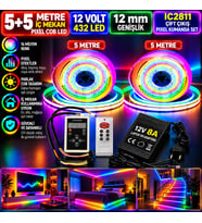 10M 12V 12mm 432 Ledli İç Mekan Pixel Cob Led 8A Laptop Adaptör IC2811 Çift Çıkış Pixel Kumanda Set