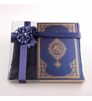 Şal + Tesbih + Kuran Hediye Seti (Çanta Boy, Standart Cilt, Lacivert)