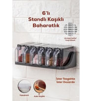 1182 6 Lı Standlı Kendinden Yapışkanlı Kapaklı Kaşıklı Baharatlık Takımı -etiketli Baharatlık