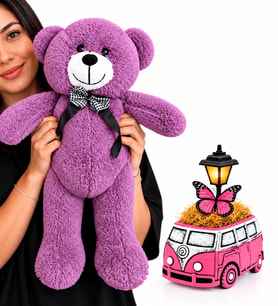 Pembe Vosvos Minibüs Masa Lambası ve Büyük Boy Mor Peluş Ayıcık – Sevgiliye Doğum Günü Yıl Dönümü Hediyesi