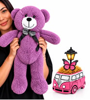 Pembe Vosvos Minibüs Masa Lambası ve Büyük Boy Mor Peluş Ayıcık – Sevgiliye Doğum Günü Yıl Dönümü Hediyesi