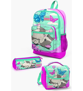 Coral High Kids Su Yeşili Pembe Kedi Desenli 3’lü Okul Çanta Seti - Kız Çocuk