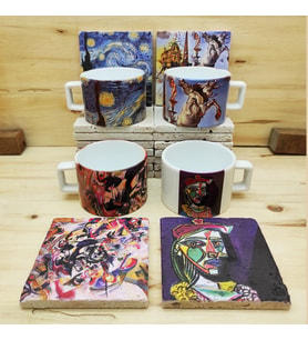 Van Gogh, Dali, Picasso, Kandinsky-Çay Kahve Fincanı ve Traverten Bardak Altlığı 4'lü Hediyelik Set