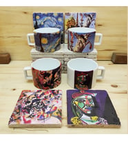 Van Gogh, Dali, Picasso, Kandinsky-Çay Kahve Fincanı ve Traverten Bardak Altlığı 4'lü Hediyelik Set