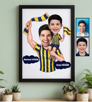Kişiye Özel Karikatürlü Sarı Lacivert Taraftar Baba Oğul Siyah Çerçeve Babalar Günü Hediyesi