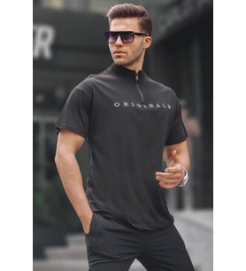 Erkek Fermuar Yaka Pamuklu T-Shirt 5858 Siyah