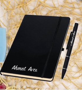 Kişiye Özel İsimli Siyah Deri Defter & Metal Tükenmez Kalem
