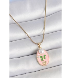 pilelistore 316L Çelik Gold Renk Zincir Pembe Mineli Oval İncili Çiçek İşlemeli Portre Model Kadın K