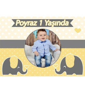 1 Yaş Fotoğraflı Sarı Giri Fil Konseptli Bebek Fotoğraflı Afiş HDTS194-