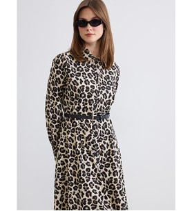 LCWAIKIKI Classic Kahverengi Leopar Desenli Kemerli Poplin Gömlek Elbise