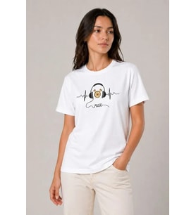 Müzik Temalı Baskılı Tişört Bisiklet Yaka Kısa Kol T-Shirt - Beyaz
