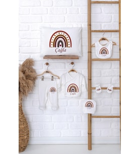 Pia Baby Premium %100 Pamuk İsme Özel Kız Bebek Hediye Seti Zıbın Yastık Kılıfı 5035-06 (Ekru)