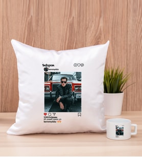 Kişiye Özel İnstagram Tasarım Fotoğraflı Kare Yastık ve Fincan