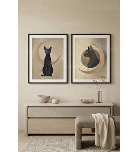 Mistik Kedi ve Ay Temalı 2’li Ahşap Çerçeveli Tablo Seti
