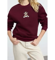 Tarz Relaxed Bisiklet Yaka Düşük Kol Regular Rahat Kalıp Nakışlı Kalın Örme Sweatshirt (Bordo)
