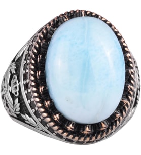 Gerçek Doğal Taş Yüzük - El Yapımı Şahin Yüzük - 925 Ayar Gümüş Yüzük (Larimar)