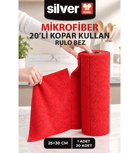 20’li Rulo Mikrofiber Temizlik Bezi 25x30 cm Yıkanabilir Süper Emici İz Bırakmaz Kopart Kullan Kırmızı