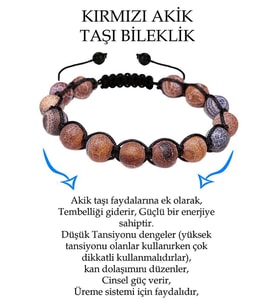 Sertifikalı Damarlı Kırmızı Akik Taşı Bileklik (Çok Renkli)