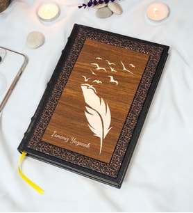 Kuş Tüy Desenli Termo Deri + Ahşap Anı Defteri - Çizgili Defter - Hediyelik (17x24 cm- 320 Sayfa)