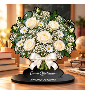 BK Gift Kişiye Özel Beyaz Gül ve Papatya Çiçek Buketi MDF Biblo Masaüstü Dekoratif Hediye