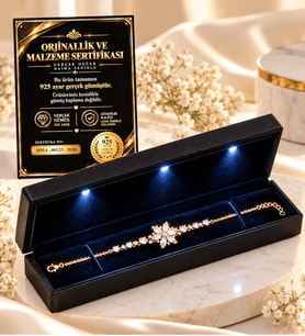 925 Ayar Gümüş Gerçek Beyaz Ametist Taşlı Lotus Çiçeği Kadın Bileklik Premium Işıklı Takı Kutulu