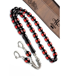 Erkek Hediyelik Ayyıldız Püsküllü Kırmızı Sürmeli Toz Kehribar Tesbih (Çok Renkli)