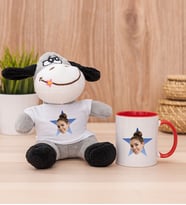 Kişiye Özel Mavi Yıldız Kafa Fotoğraflı Peluş Eşek ve Kırmızı Kupa