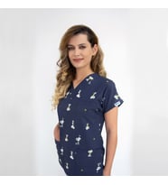 Unisex Lacivert Snopy Desenli  Esnek Likralı Doktor Hemşire Cerrahi Scrubs Tek Üst Forma