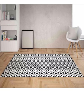 Geometrik Karo Desen Dijital Baskı Yıkanabilir Kaymaz Taban Düz Salon Halısı (Beyaz Siyah) (Siyah - Beyaz)