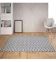 Geometrik Karo Desen Dijital Baskı Yıkanabilir Kaymaz Taban Düz Salon Halısı (Beyaz Siyah) (Siyah - Beyaz)