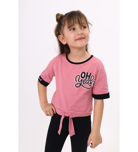 Toontoy Kız Çocuk Önü Bağlama Detaylı Baskılı Tişört (Gül Kurusu)