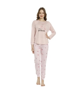 Estiva Desenli Uzun Kol Viskon Bayan Pijama Takım (Pembe)
