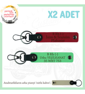 Biker Stiline Özel, İsim Plaka ve B- Kan Grubu Yazılı Anlamlı Motor x2 Anahtarlık, Kırmızı-Mavi-SK