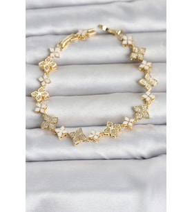 Pirinç Zirkon Taşlı ve Mineli Yonca Model Gold Renk Kadın Bileklik 5886 - EEEEEE1177-4989