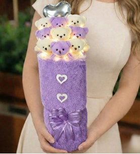 Sevgiliye Hediye: Deluxe Mor-Beyaz Peluş Ayıcık LED Işıklı Kalp Balonlu Peluş Vazo Tasarımlı Ayıcık Buketi