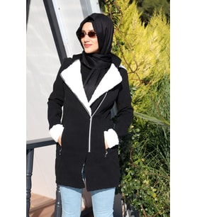 Kışlık Günlük Kaşe Kadın Tesettür Kaban (Siyah)