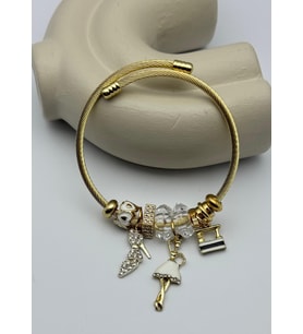 Çelik Gold Taşlı Topuklu Ayakkabı Kadın Figürlü Siyah Charmlı Pandora Bileklik - 26blk40