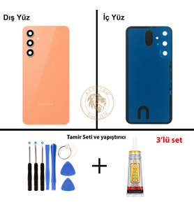 Samsung Galaxy S23 FE Turuncu Renk Lensli Arka Kapak + Tamir Seti + B7000 Yapıştırıcı Arka Cam Batarya Kapağı Pil Kapağı Lazer Kesim Back Cover Galaxy S23 FE Uyumlu