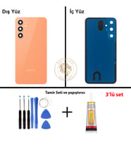 Samsung Galaxy S23 FE Turuncu Renk Lensli Arka Kapak + Tamir Seti + B7000 Yapıştırıcı Arka Cam Batarya Kapağı Pil Kapağı Lazer Kesim Back Cover Galaxy S23 FE Uyumlu