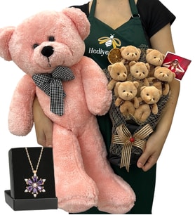 Fotoğraflı 7'li Peluş Ayıcık Buketi, Gerçek Ametist Taşlı Lotus Kolye ve Pembe Ayıcık (Model 2)
