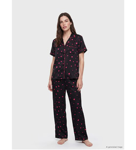LCW DREAM Siyah Gömlek Yaka Saten Kadın Pijama Takım
