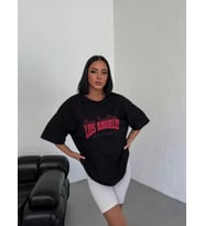 Unisex Bisiklet Yaka Baskılı Oversize T-Shirt - Siyah