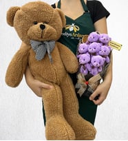 Kişiye Özel 7'li Peluş Ayıcık Buketi ve Büyük Boy Kahverengi Peluş Ayıcık (Model 3)