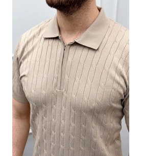 Erkek Yazlık Triko Saç Örgü Tişört Kısa Kol Polo Yaka Fermuarlı T-Shirt - Bej