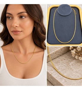 Premium Parlak ve Şık Gold Renk İnce Yılan Zincir 316L Çelik Kadın Kolye (45cm)