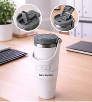 Kişiye Özel İsim Yazılı Pipetli Çelik Termos Mug - 900 ml Taşıma Kulplu 7 Renk Seçenegi Toz Pembe - Kahve-Lila-Mav,-Siyah-Gri-Beyaz