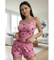 Mulvxbrf Brf02 Kadın Pembe Kalp Desenli Askılı Şortlu Pijama Takımı (Mulvix)