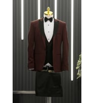 Slimfit Armürlü Kırlangıç Çıkmalı Yaka Yelekli Papyonlu Smokin Takım Elbise (Bordo)