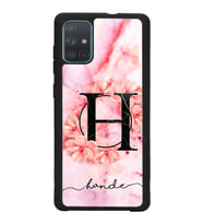 Samsung A71 Uyumlu Pudra Mermer Çiçekli Harf Tasarımlı Glossy Telefon Kılıfı